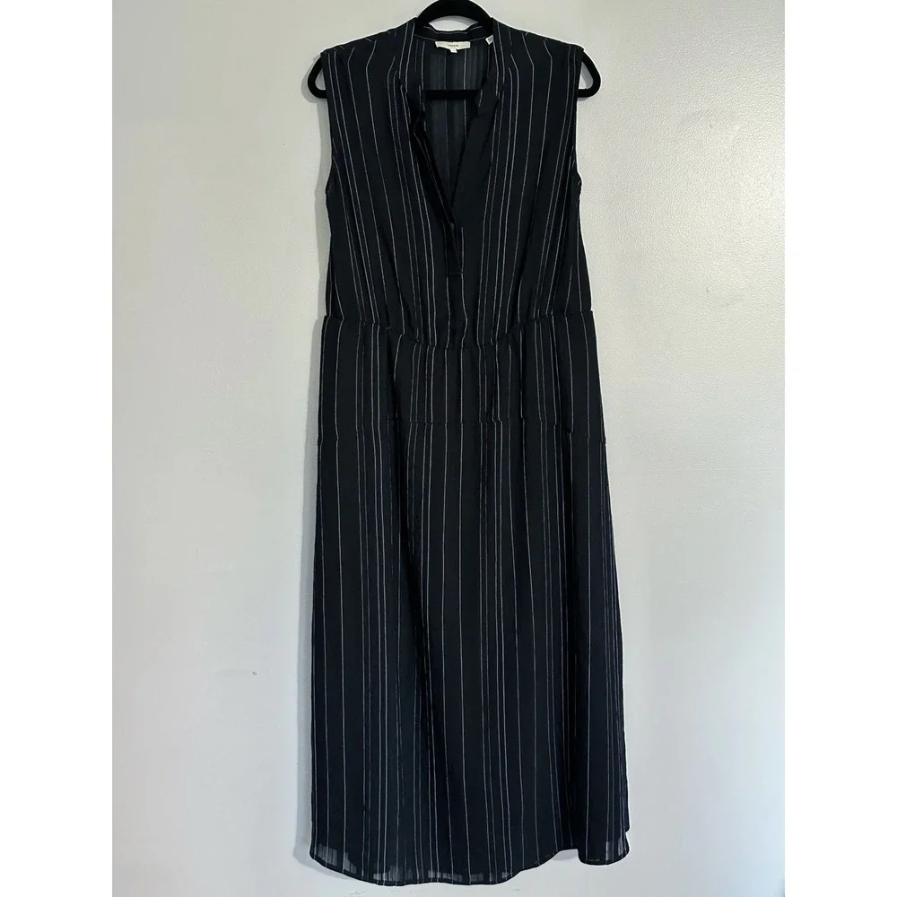 Vince Drapey Stripe Tiered Dress Midi Length Size 16